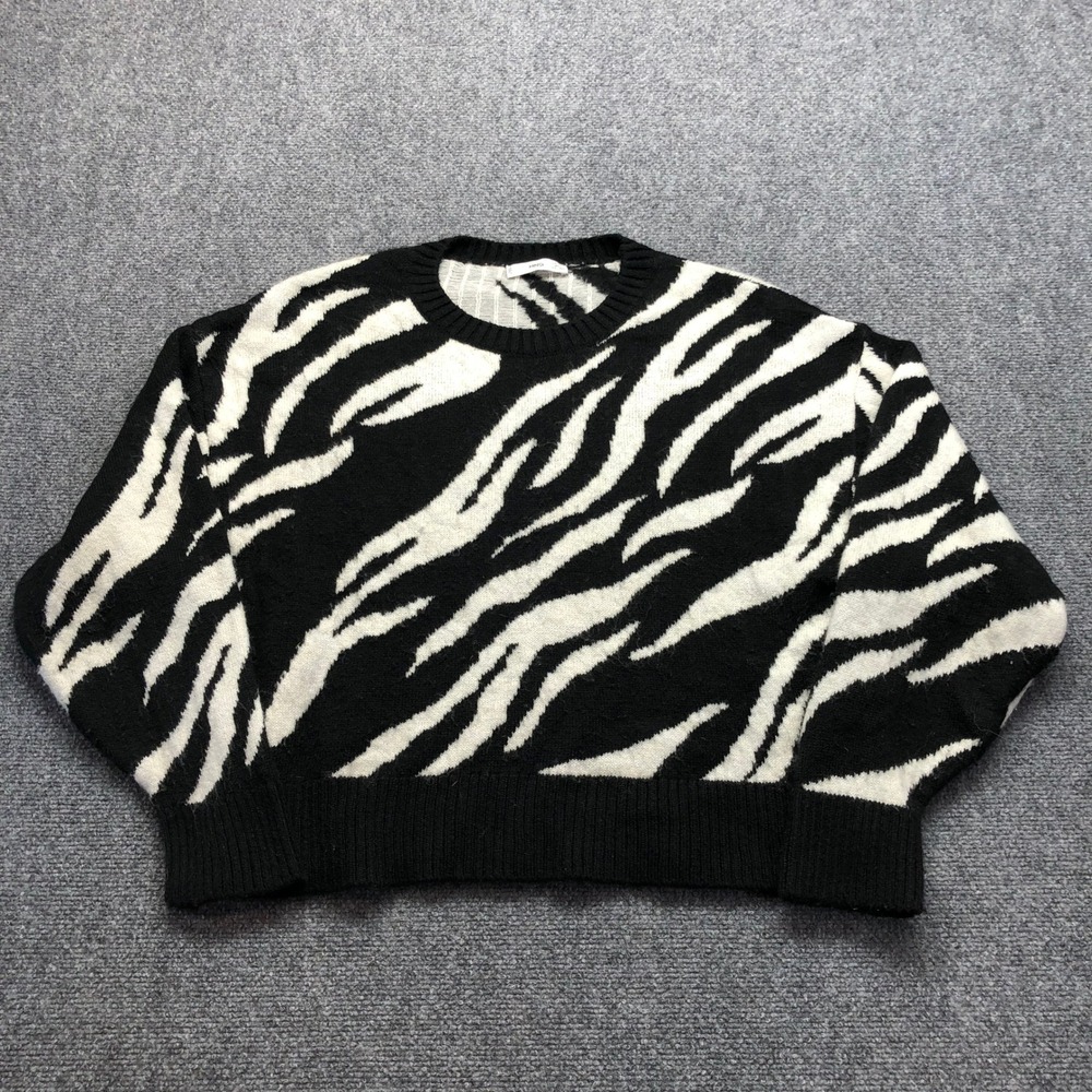 MNG Mango Zebra Print Sweater Black White Crew Neck Long Sleeve Knit Size L